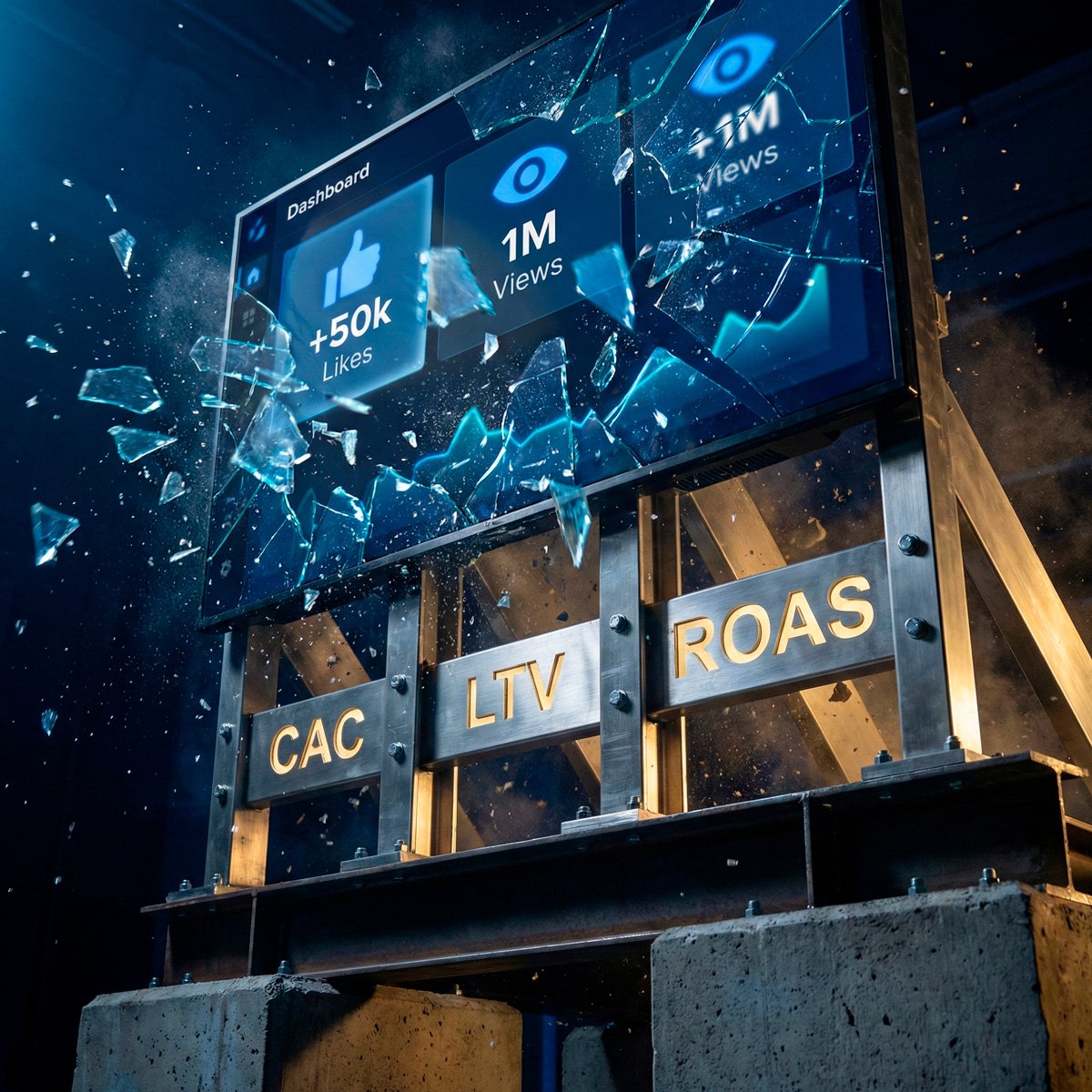 Uma foto dinâmica de uma tela digital se estilhaçando. A tela mostrava "Likes" e "Views". Ao quebrar, revela uma estrutura metálica e indestrutível por baixo com as siglas "CAC", "LTV" e "ROAS" brilhando em dourado. A ideia é que a vaidade é frágil, e os dados financeiros são a fundação sólida.