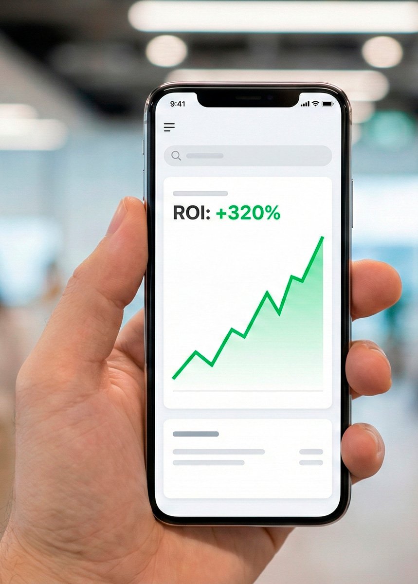 Esta imagem close-up de um smartphone exibindo um dashboard financeiro com um ROI positivo em destaque representa o foco em resultados mensuráveis. O ambiente corporativo desfocado ao fundo contextualiza a aplicação prática e o impacto dos resultados no mundo real.
