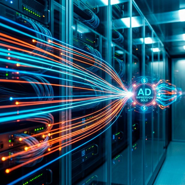 Tecnologia de Real-Time Bidding (RTB) processando dados de compra de mídia em milissegundos.