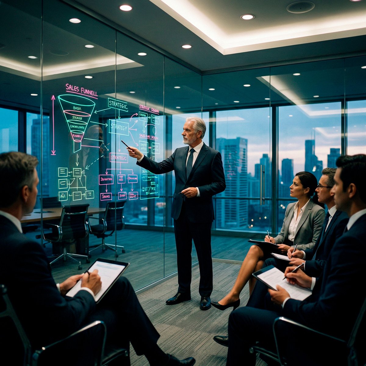 Esta imagem captura a atmosfera de uma reunião executiva de alto nível, com um consultor sênior apresentando estratégias complexas em uma sala de reuniões moderna. A iluminação dramática e a composição cinematográfica reforçam a importância da tomada de decisão estratégica.