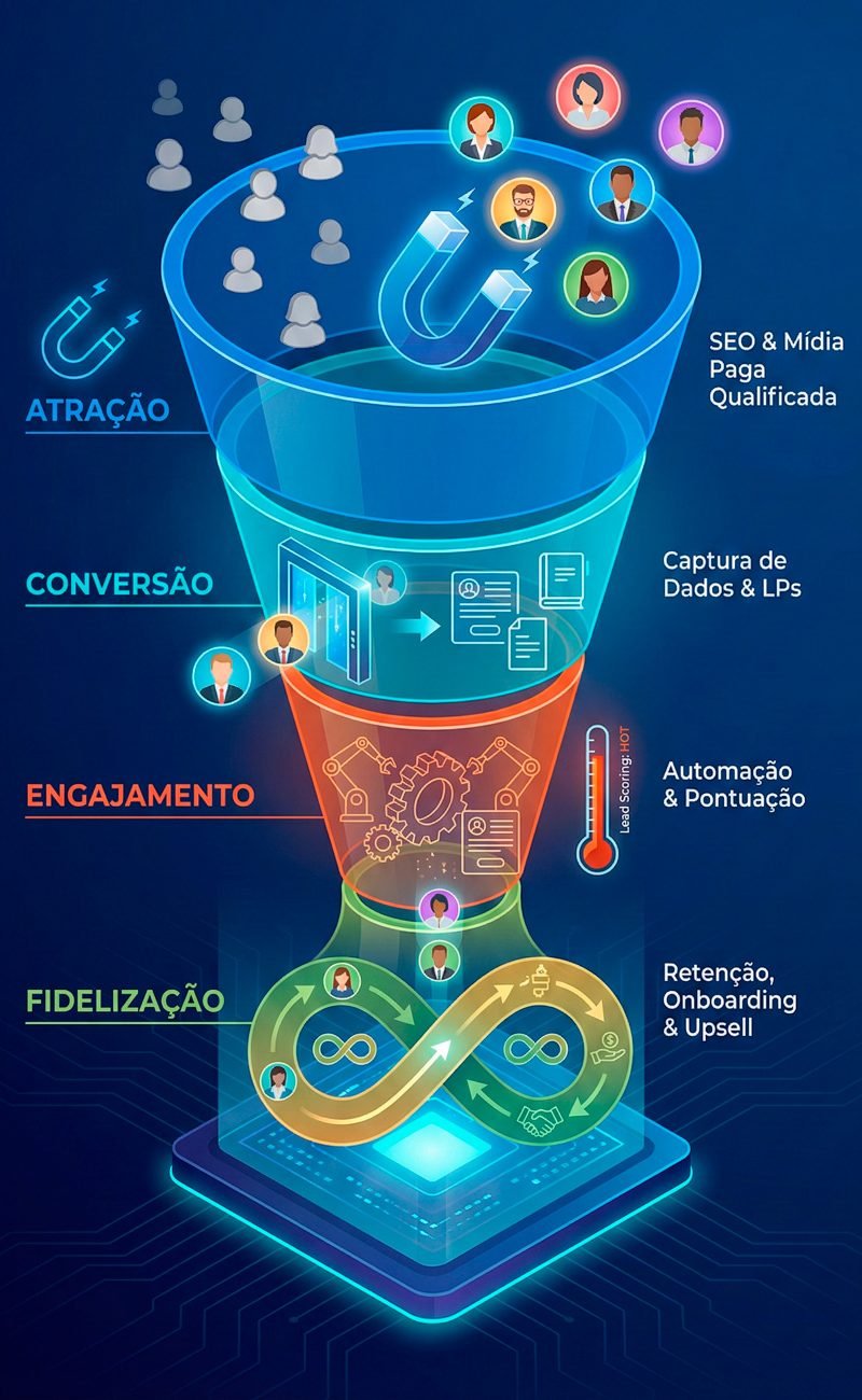 representação visual direta e moderna do funil, dividindo-o nas quatro etapas descritas com ícones visuais claros para cada fase.